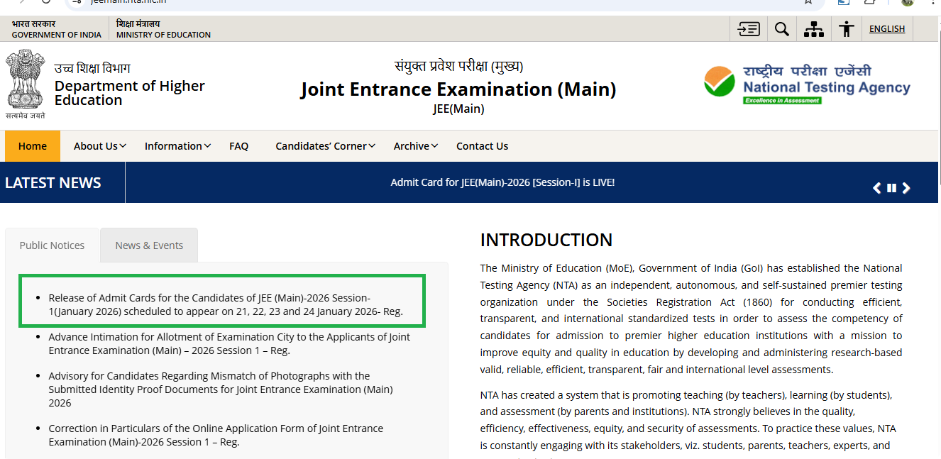 Admit Card for JEE(Main)-2026 -released now